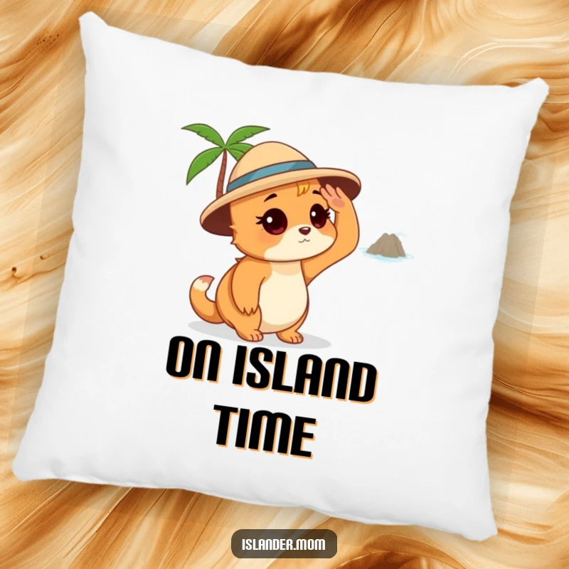 Funny Islander Mom Pillow, soft and decorative, showing an islander mom shading her eyes and looking at a distant island, adds dreamy vibes.