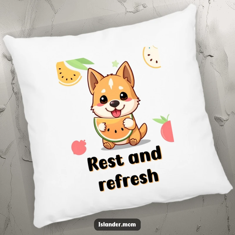Funny tropical fruit dog pillow featuring a welcoming dog offering fruit, adding comfort and island charm to any space.