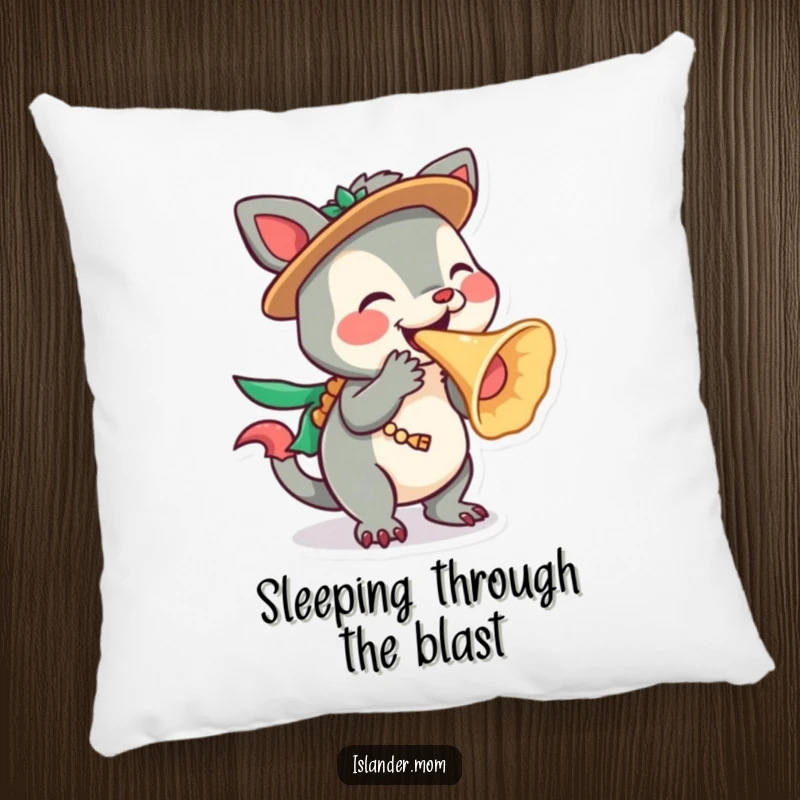 Funny Islander Animal Pillow with a character playfully blowing a conch shell, offering cozy tropical comfort, an ideal funny gift.