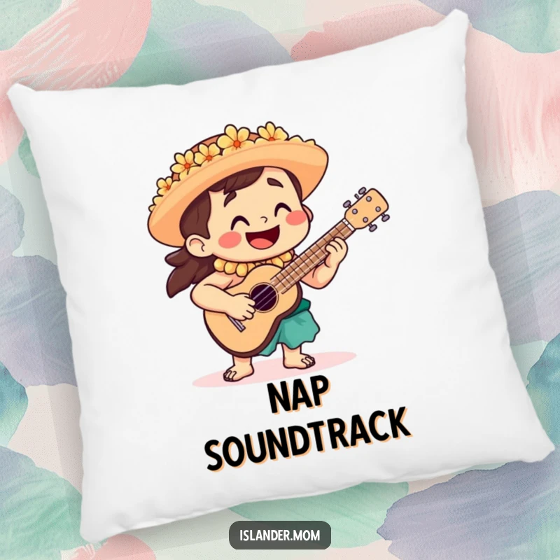 Funny Pillow featuring a smiling islander playing a ukulele, adding a soft, musical, and cheerful touch to any room.
