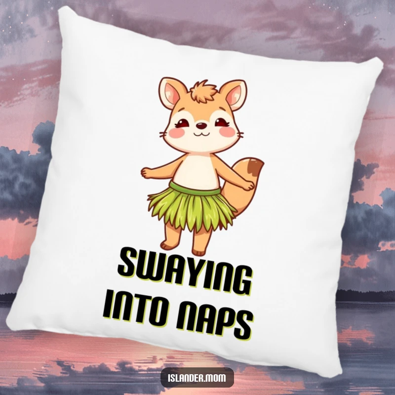 Funny pillow featuring a cute animal character in a grass skirt, swaying rhythmically to a tropical beat, adding comfort and humor.