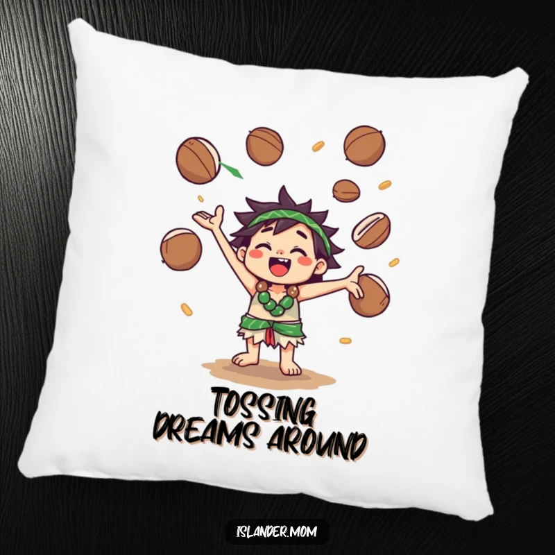 Funny Pillow: A kawaii islander character happily juggles coconuts, adding a touch of playful comfort and island humor to any room.