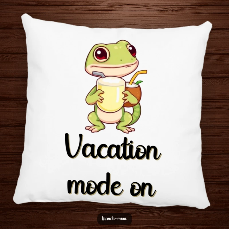 Funny island gecko pillow, featuring a cute gecko holding a coconut drink, adding a touch of tropical humor to furniture.