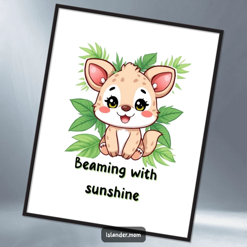 Funny animal character beaming with delight, adorned with palm leaves, a humorous digital art print for instant tropical wall decor.