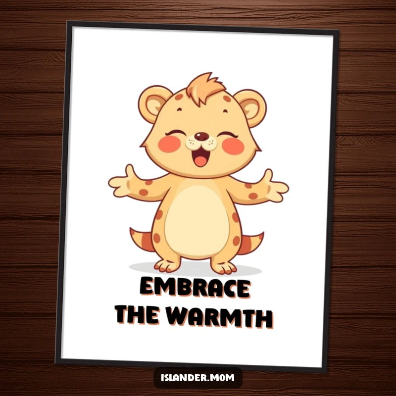 Funny Digital Art Print of an islander mom animal extending a loving hug with open arms, radiating pure affection.