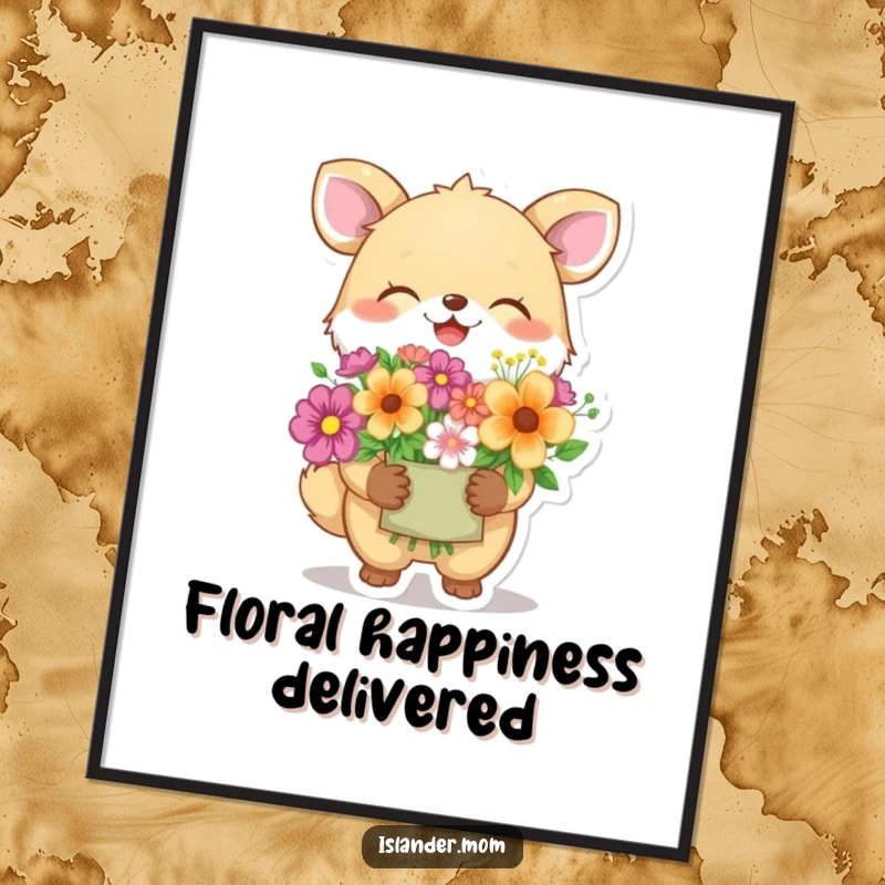 Funny animal character giggling while presenting a colorful flower arrangement, a humorous digital art print for instant wall decor.