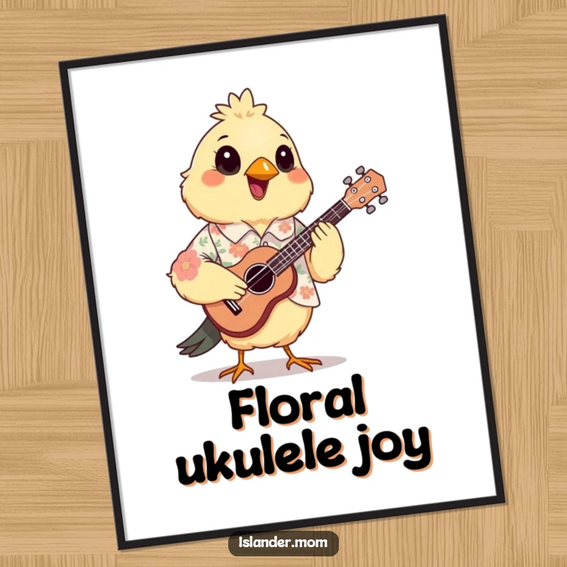 Funny Mama Bird Ukulele Digital Art Print: A mama bird wearing a floral shirt joyfully strums a small ukulele.