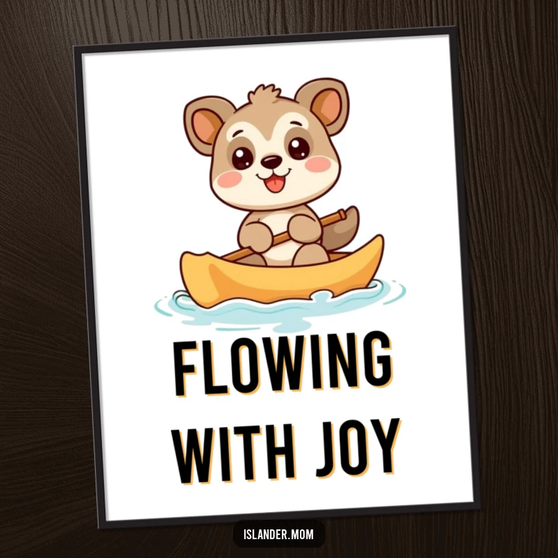 Funny animal character in a canoe, paddling with a wide, ecstatic smile, a humorous digital art print for immediate wall decor.