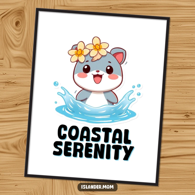 Funny digital art print of a cheerful islander animal with a flower, splashing in blue water, creating island vibes.