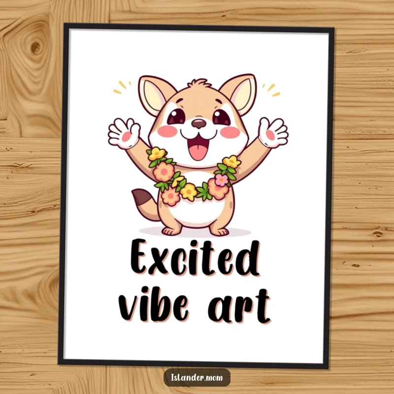 Funny digital art print of an excited animal character in leis, waving arms exuberantly, capturing the essence of spontaneous tropical fun.