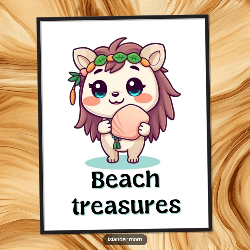 Funny digital art print of a cute islander animal beaming with a smile while offering a seashell.