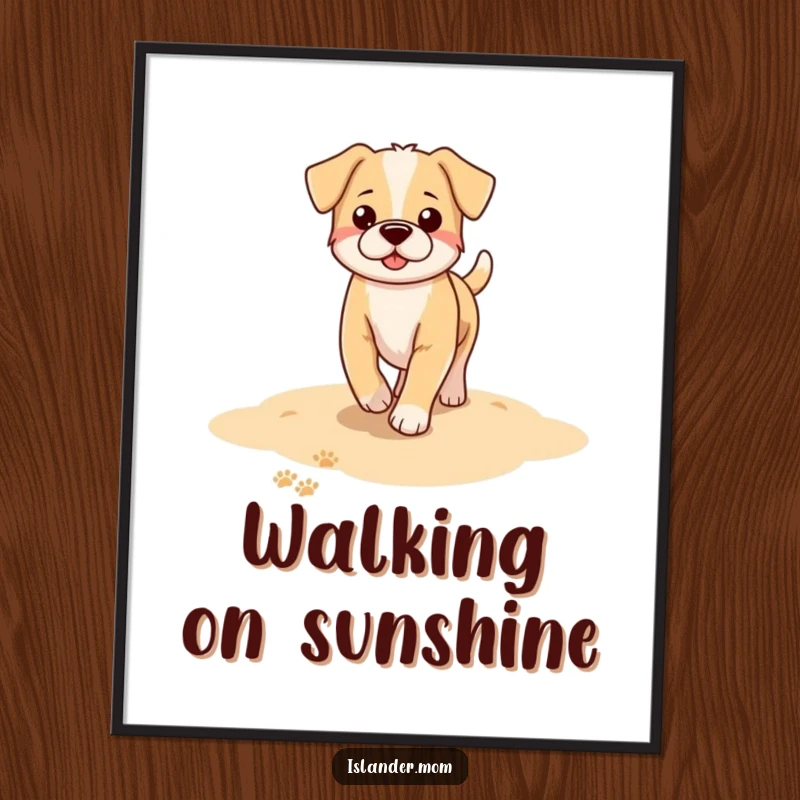 Funny dog digital art print capturing a series of paw prints artfully arranged on a soft, sandy beach, symbolizing happy walks.