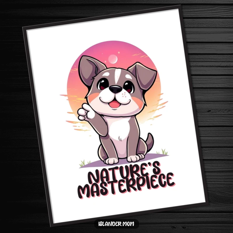 Funny dog gesturing towards a vibrant sunset with a look of wonder, serene digital art print, instant home decor.