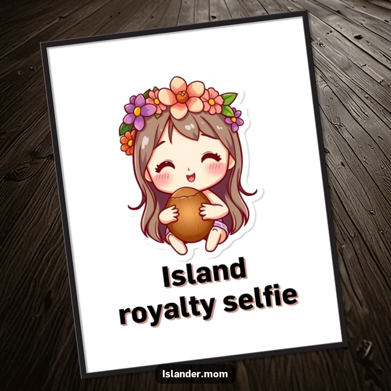 Funny digital art of a character wearing a flower crown and holding a coconut, exuding a fun, relaxed, tropical atmosphere.