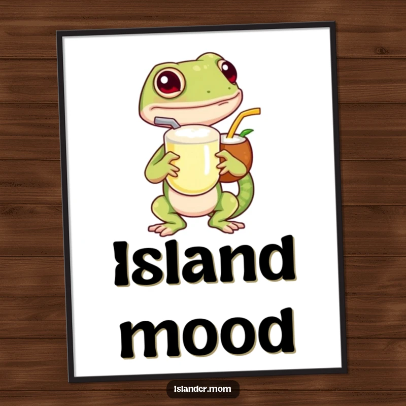 Funny island gecko digital art print, featuring a gecko with a coconut drink and straw, perfect for instant tropical wall decor.