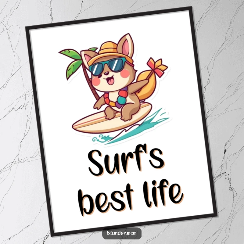 Funny Islander Animal Digital Art Print featuring a character cheerfully riding a small surfboard, bringing instant beach vibes, a funny gift.