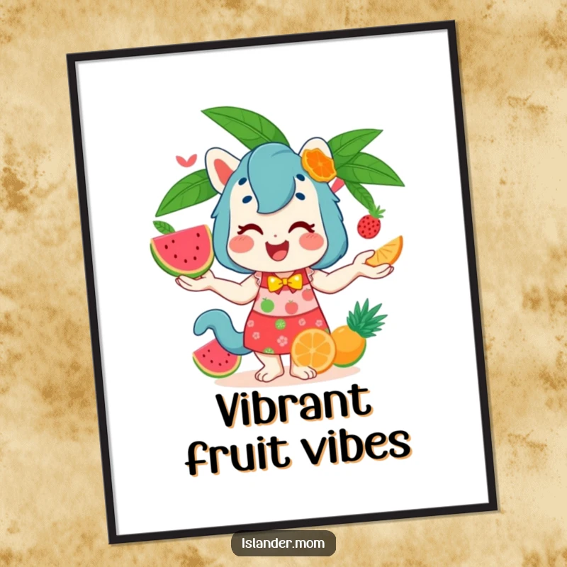 Funny Digital Art Print of an islander mom animal with a joyful expression, masterfully juggling a cascade of colorful tropical fruits.