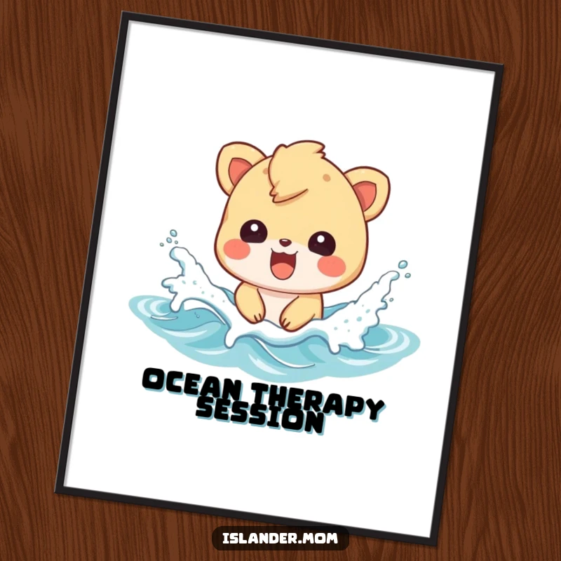 Funny digital art print of an islander animal character happily splashing in ocean waves, creating a lively beach scene.