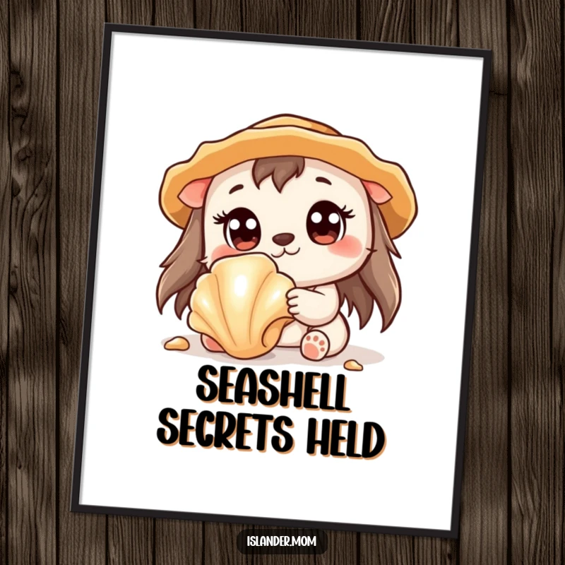 Funny digital art print of a cute kawaii islander animal with wide eyes, discovering a shiny seashell.