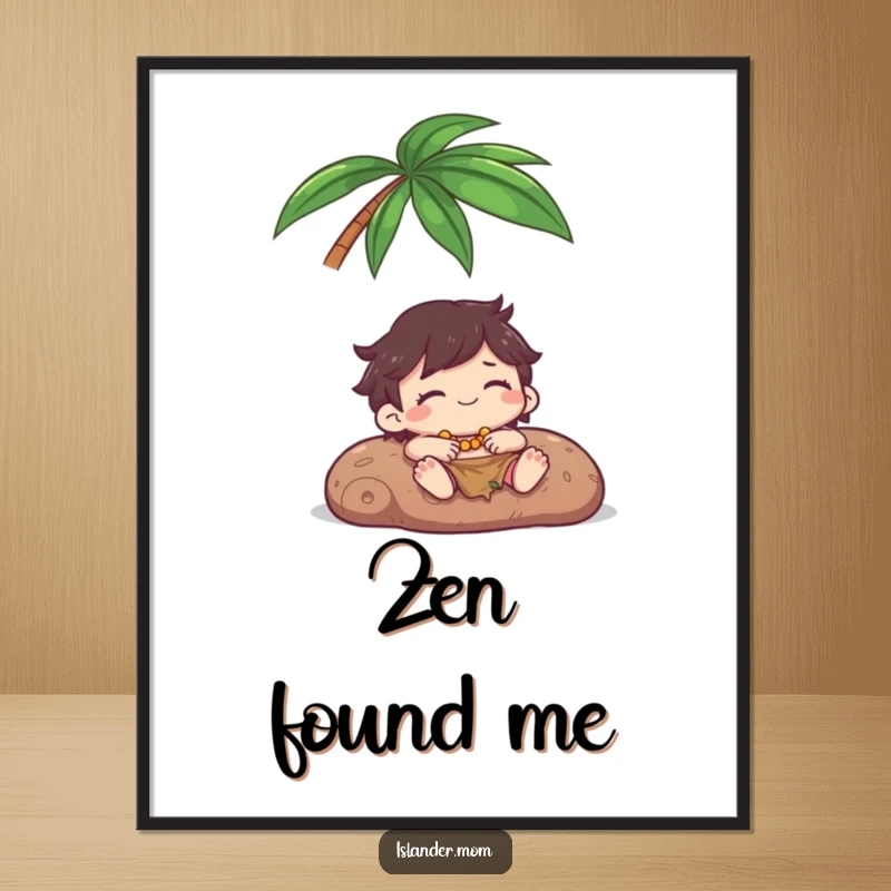 Funny Digital Art Print: A kawaii islander character happily relaxes under a palm tree, embodying pure island tranquility and calm.