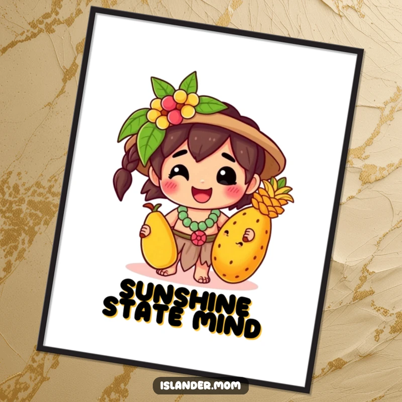Funny Digital Art Print: A happy kawaii islander character holds a tropical fruit, radiating pure island bliss and cheerful vibes.