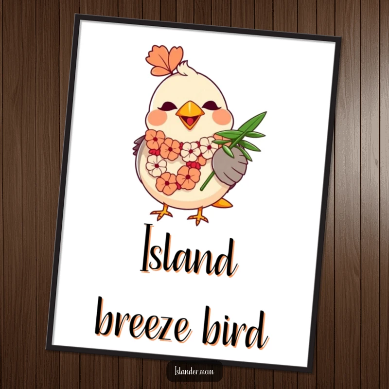 Funny Mama Bird Lei Digital Art Print: A round mama bird wearing a lei happily fans herself with a palm leaf.