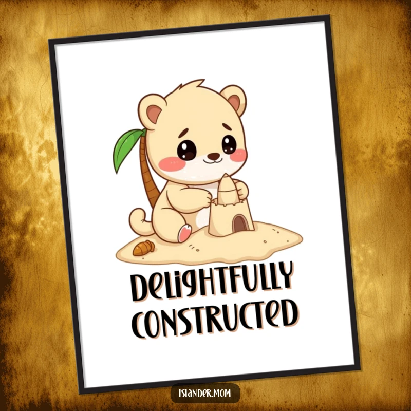 Funny digital art print of a kawaii islander animal showing focused delight while building a small sandcastle.