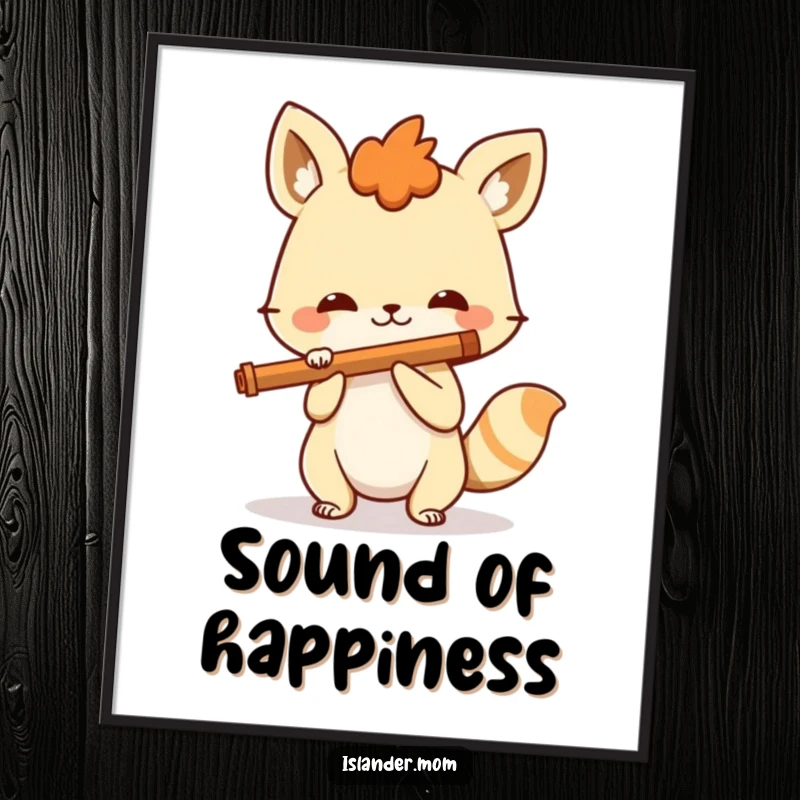 Funny spirited animal playing a simple flute with a broad smile, a humorous digital art print for instant wall decor.