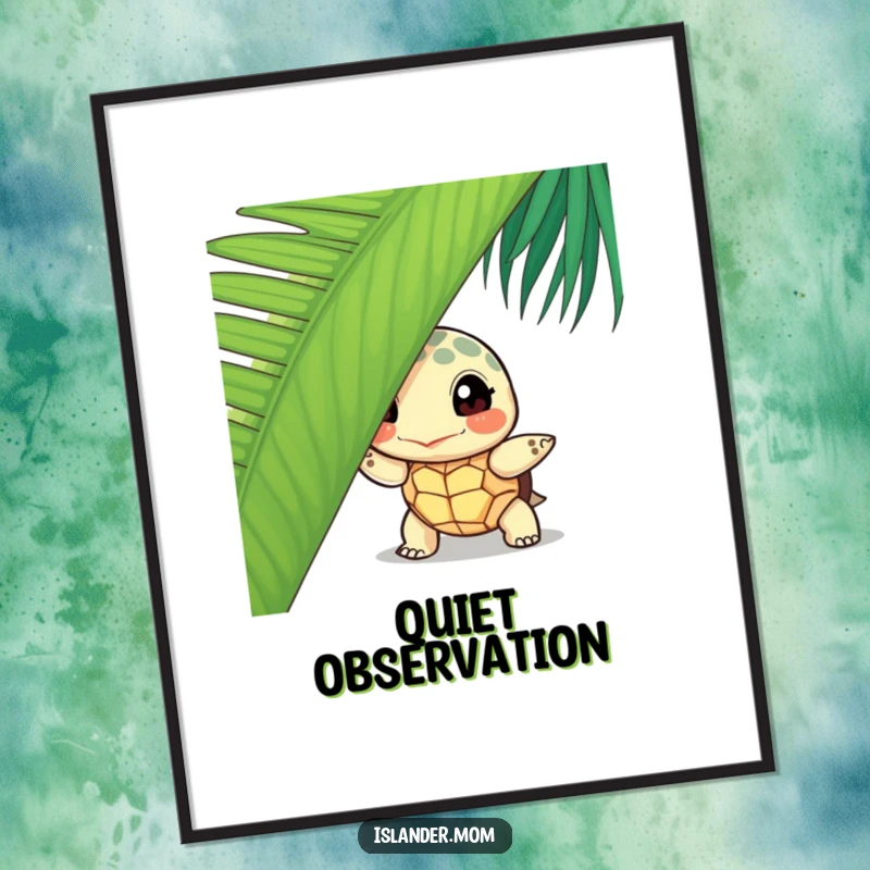 Funny curious turtle digital art print, featuring a turtle peeking from behind a palm leaf, perfect for instant island-themed wall decor.