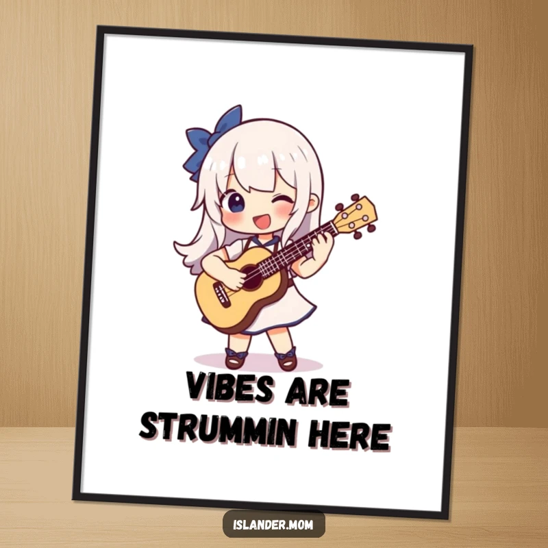 Funny digital art print of a character beaming while strumming a ukulele, capturing the pure, infectious joy of music.