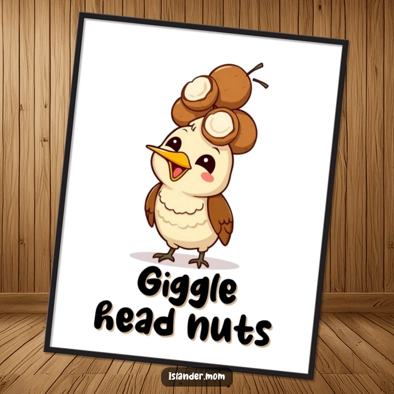 Funny Mama Bird Coconut Head Digital Art Print: A mama bird giggles while balancing a pile of coconuts on its head.