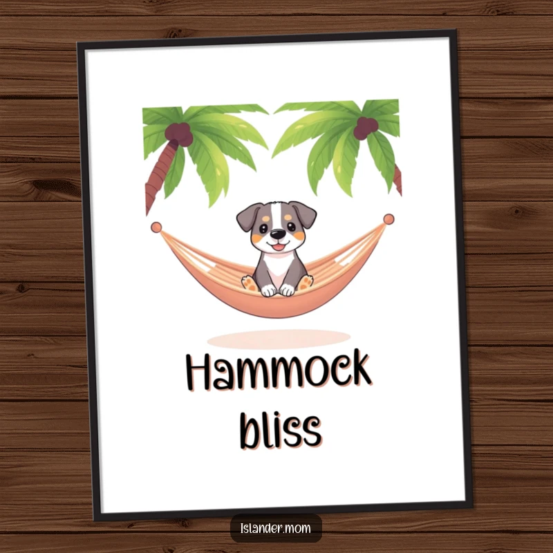 Funny dog relaxing in a hammock swaying gently between palm trees, tropical digital art print, instant relaxation decor.