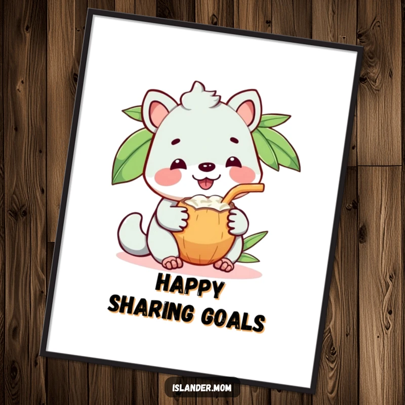 Funny digital art print of a kawaii islander animal with a big happy grin, sharing a coconut drink.