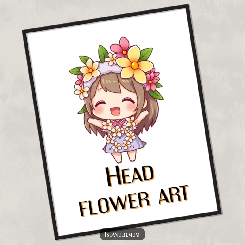 Funny digital art print of a character balancing a vibrant flower lei on their head, capturing a moment of pure tropical delight.