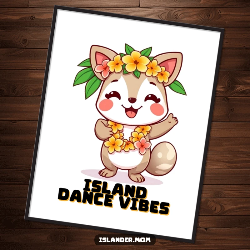 Funny digital art print of a smiling island animal character with a flower lei, dancing with infectious tropical rhythm.
