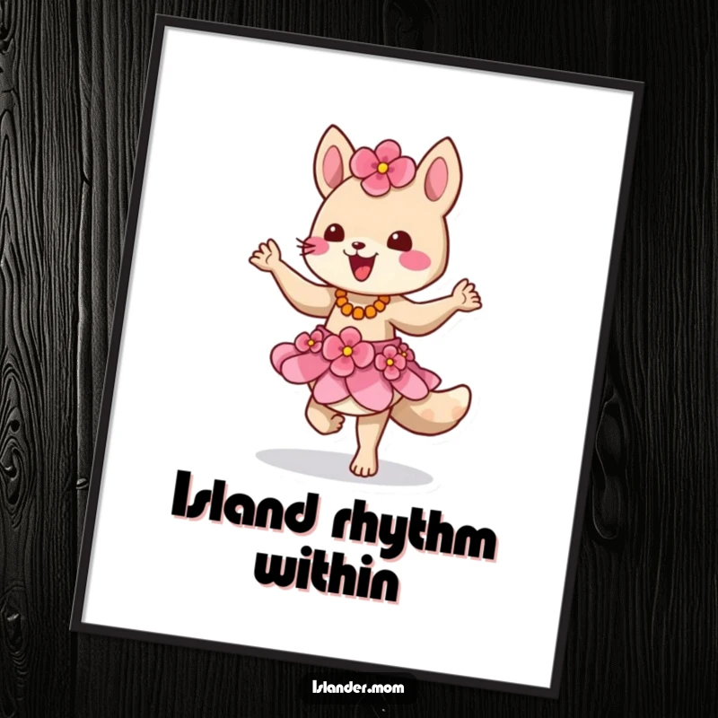 Funny digital art print of a happy island animal character in a flower skirt, dancing with tropical energy and humor.