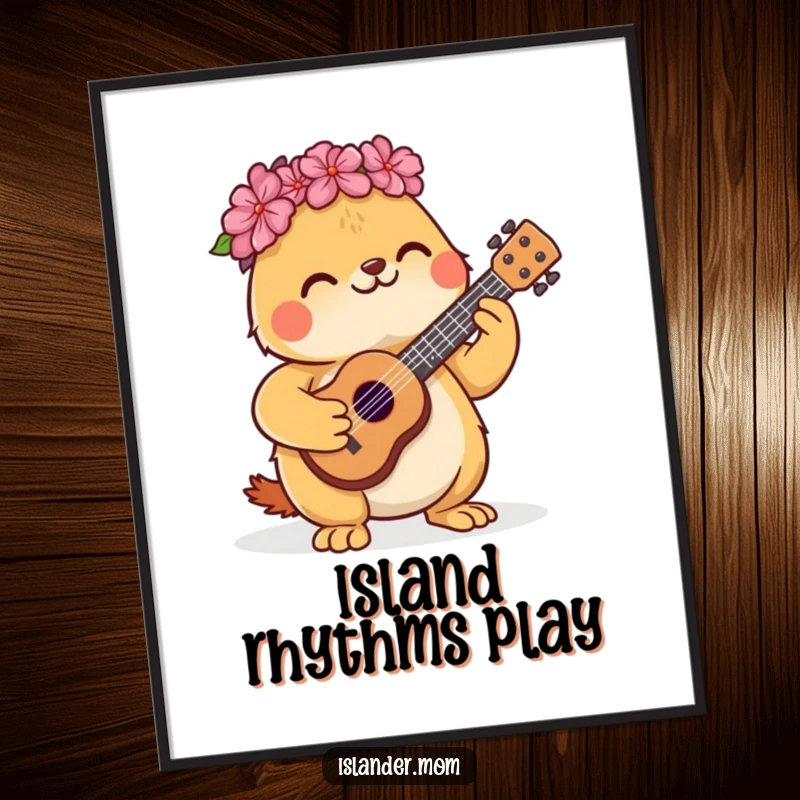 Funny digital art print of a cute kawaii islander animal happily strumming a small ukulele.