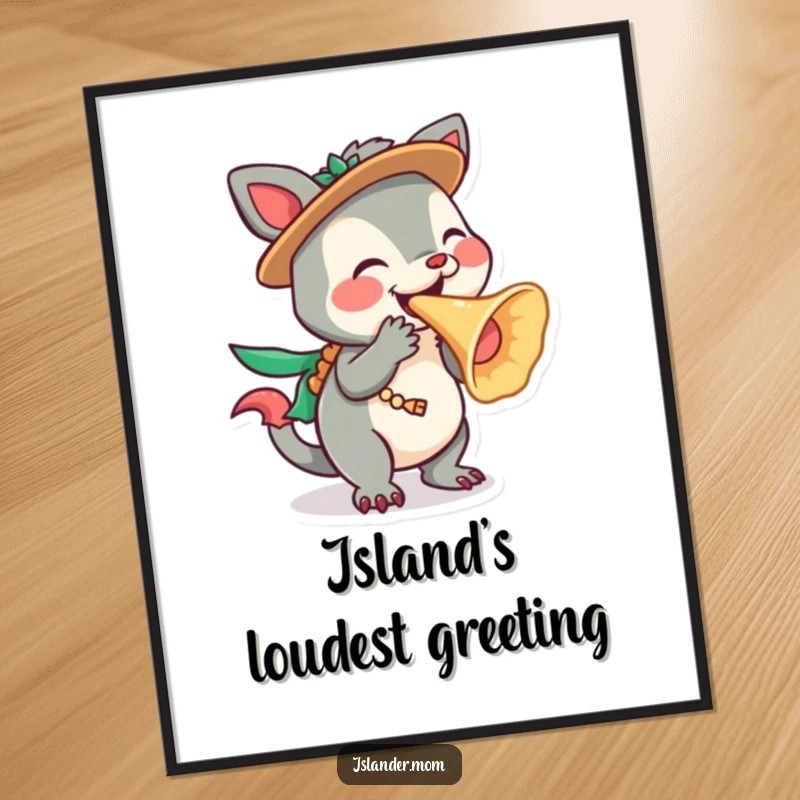 Funny Islander Animal Digital Art Print featuring a character playfully blowing a conch shell, bringing instant tropical vibes, a funny gift.