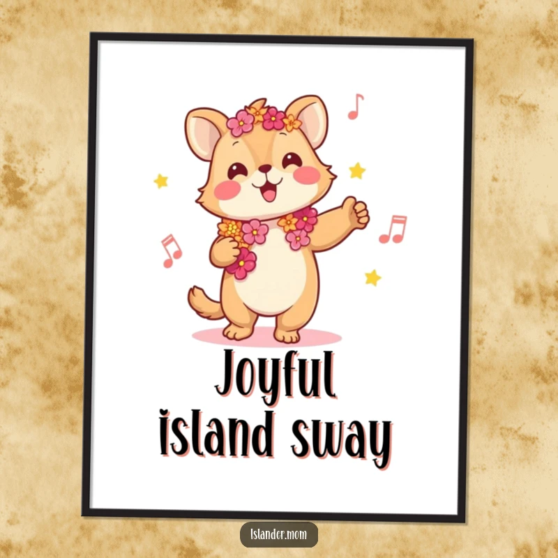 Funny digital art of a joyful kawaii islander animal wearing a lei, swaying to music, capturing tropical rhythm and humor.