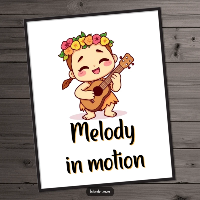 Funny kawaii islander character playing a ukulele with a deeply contented smile, captured in a digital art print for instant calm.