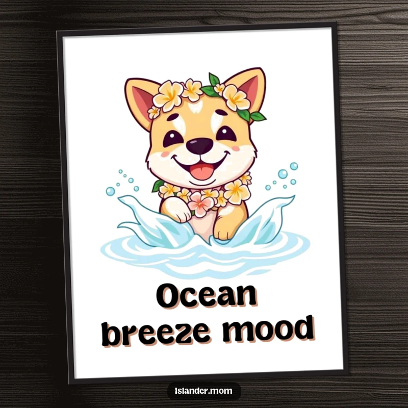 Funny islander dog digital art print showing a smiling dog with a lei splashing in waves, perfect for instant wall decor.