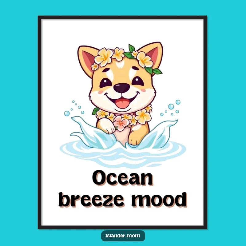 Funny Islander Dog Digital Print - Beach Pup Lei Splashing, Instant Joy Gift