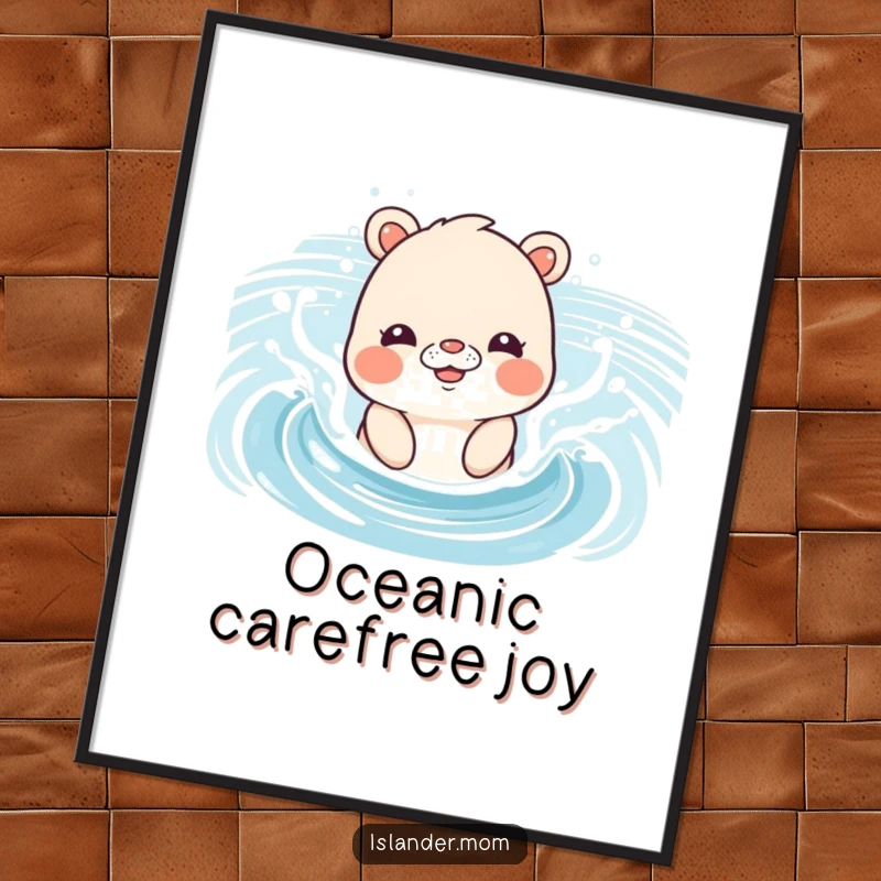 Funny Digital Art Print of an islander mom animal gleefully splashing in gentle ocean waves, full of beachy fun.