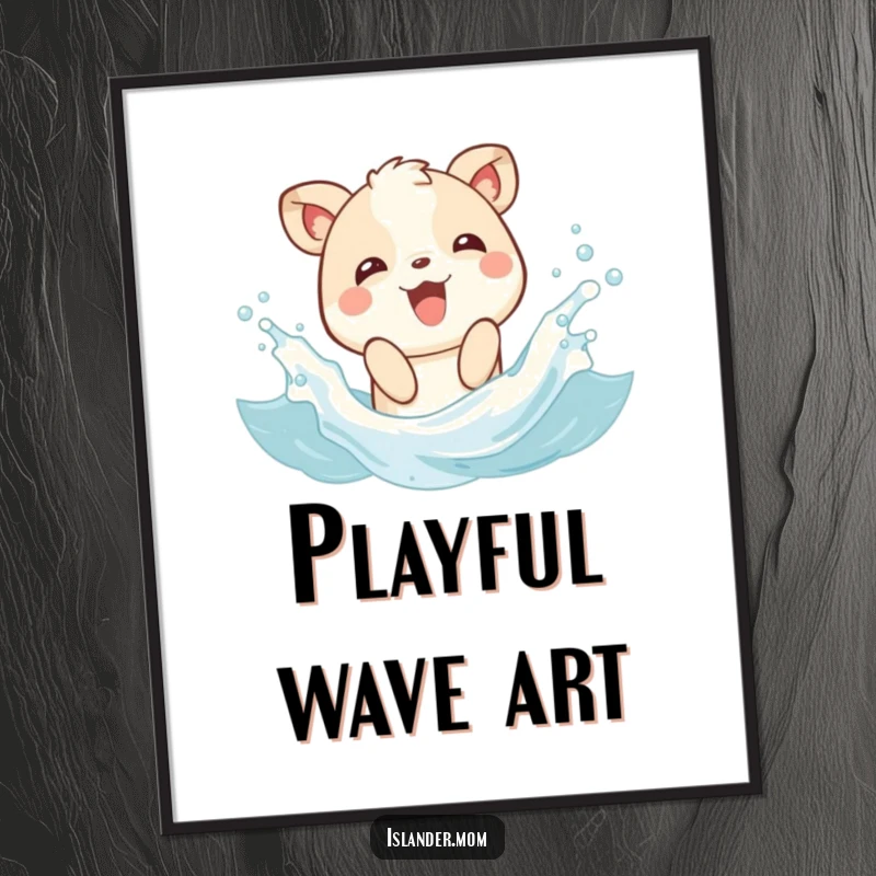 Funny digital art print of a joyful animal character splashing playfully in gentle waves, capturing the pure delight of a sunny beach day.