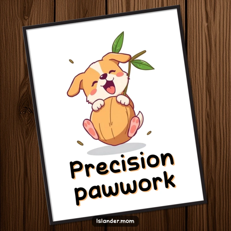 Funny dog digital art print of a dog skillfully catching a falling coconut with its paws, exuding pure canine delight and humor.