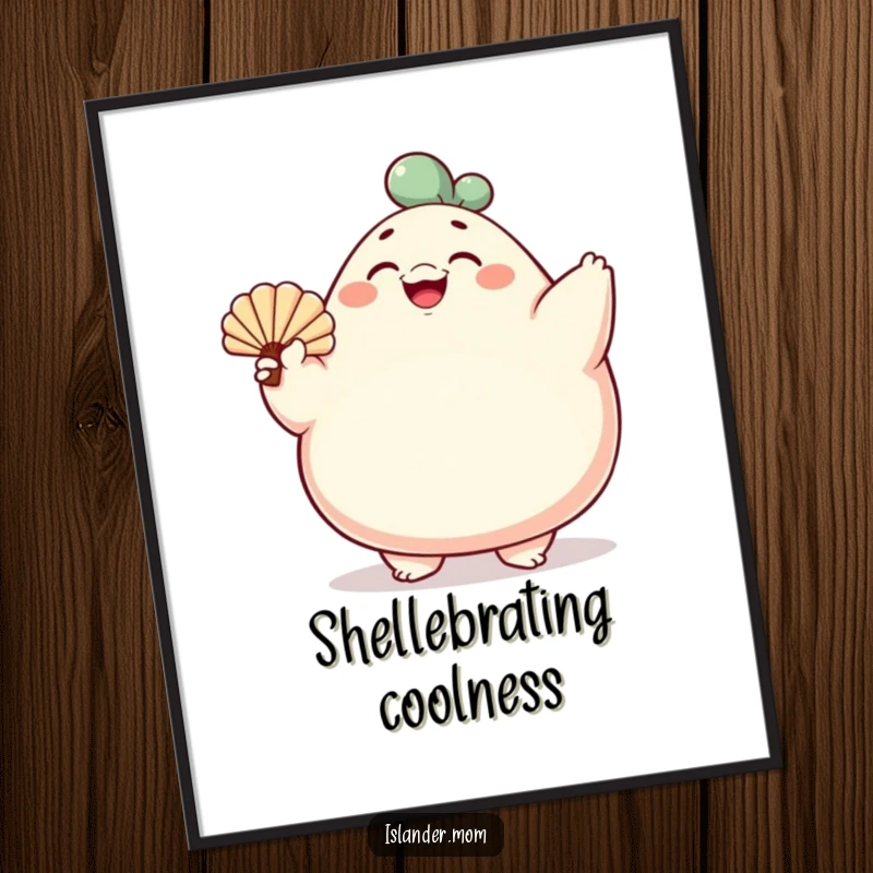 Funny digital art print of a rotund character fanning with a shell, smiling broadly, offering instant humorous cheer for any space.