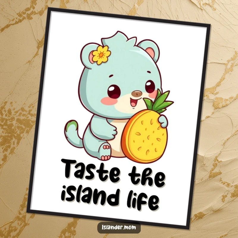 Funny Digital Art Print: High-resolution artwork of a kawaii islander animal offering pineapple, adding tropical cheer and humor to decor.