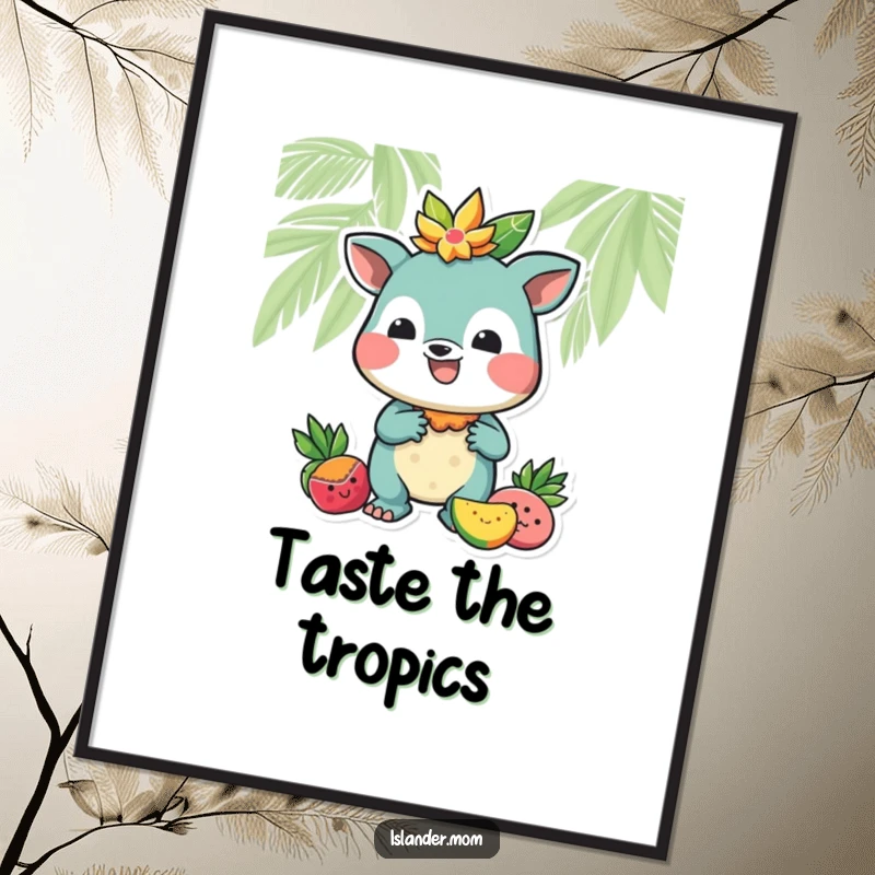 Funny digital art print of a friendly island animal character offering a tropical fruit, radiating warmth and humor.