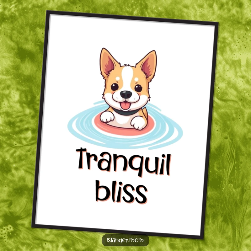 Funny paddling dog digital art print showing an enthusiastic dog swimming in a blue lagoon, perfect for instant wall decor.