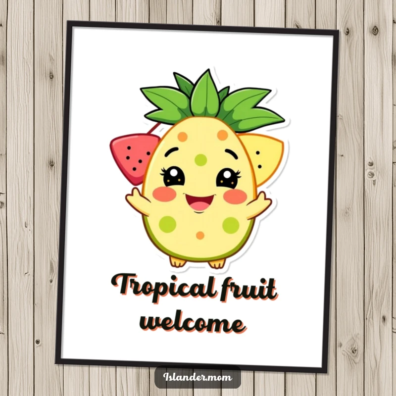 Funny digital art print of a character with a broad, welcoming grin offering a vibrant tropical fruit, symbolizing hospitality and joy.